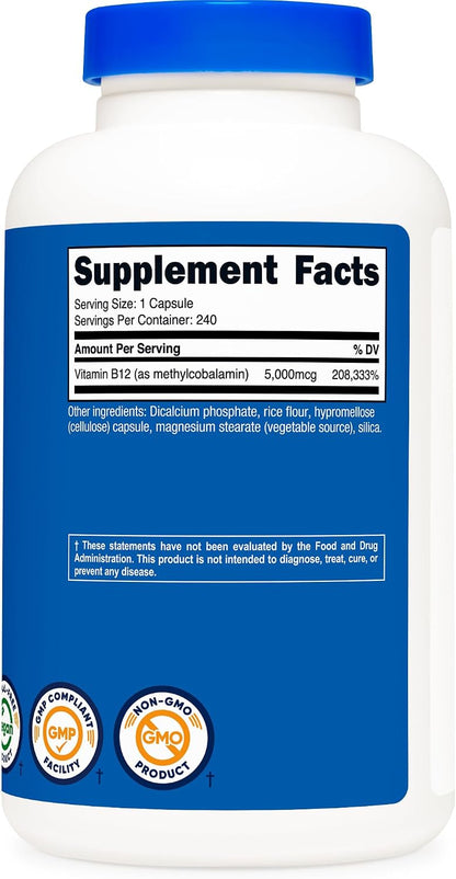 Nutricost Vitamin B12 (Methylcobalamin) 5000µg - 240 Vegetarian Capsules, Non-GM, Gluten-free