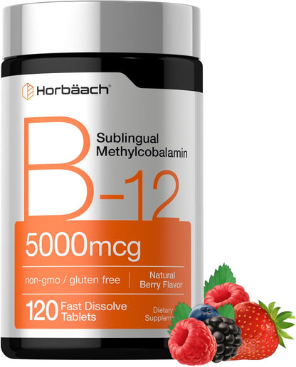 Horbäach B12 Vitamin 5000mcg | 120 Fast Dissolve Tablets | Sublingual Methylcobalamin | Natural Berry Flavour | Vegan, Non-GMO & Gluten-free Supplement