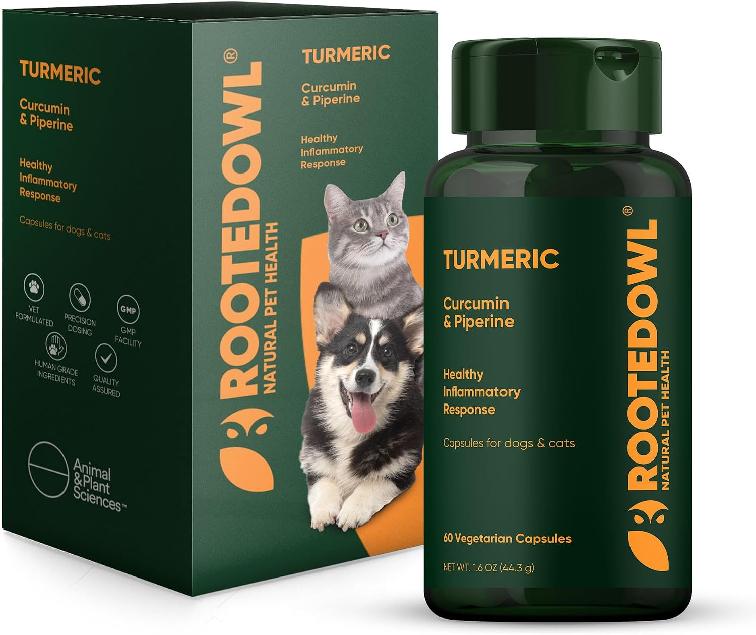 Rooted Owl Turmeric for Dogs & Cats - Curcumin Supplement with Piperine and Vitamin C, 60 Vegan Capsules - görsel 1