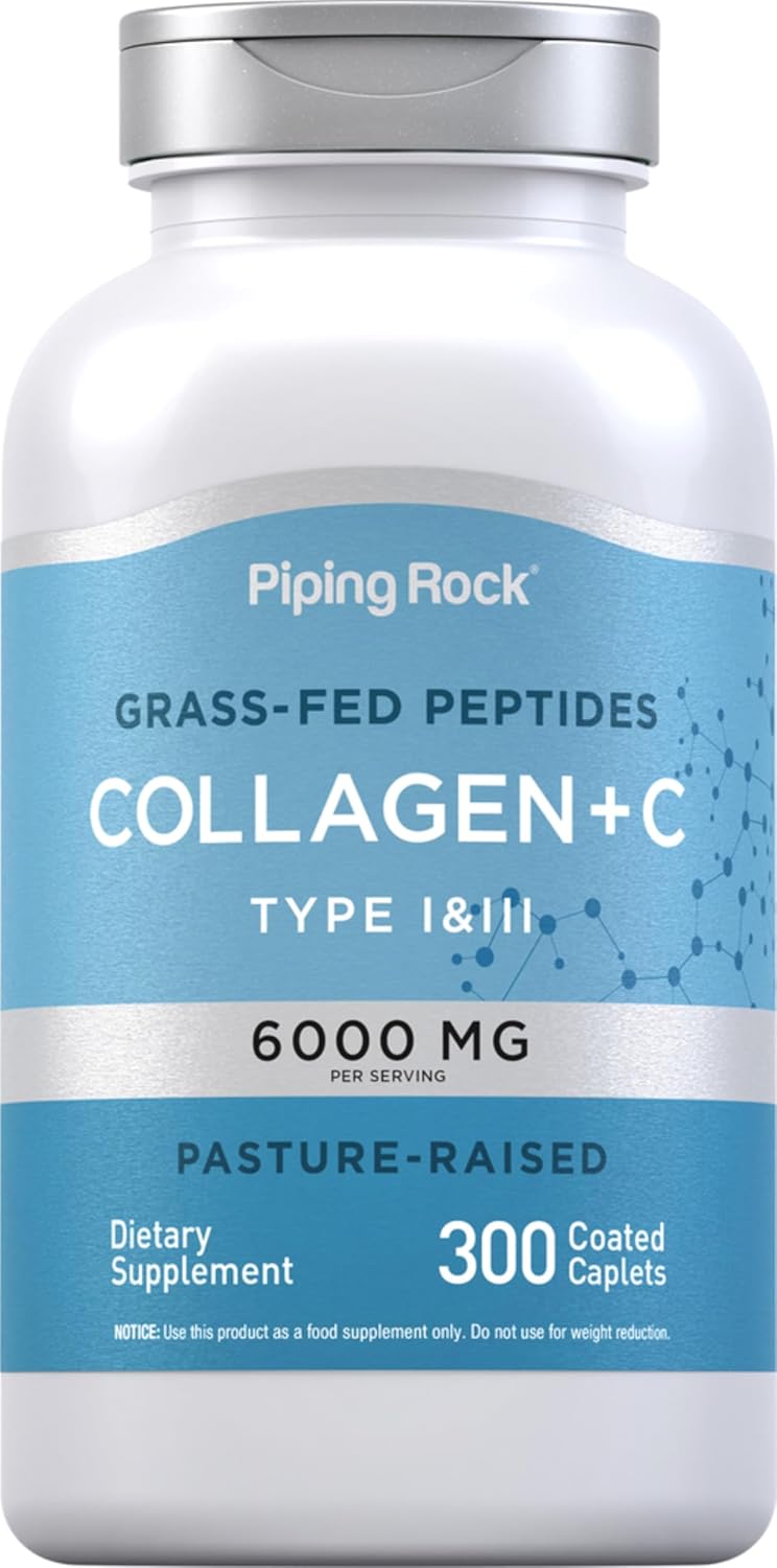 Piping Rock Collagen Peptides Plus Vitamin C Pills 6000mg - 300 Caplets - Hydrolysed Collagen Peptides Type I & III - görsel 1