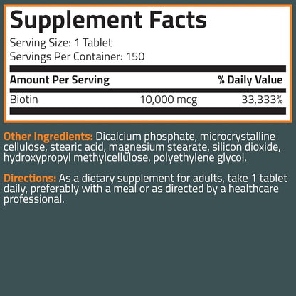 Bronson Biotin 10,000mcg – Supports Healthy Hair, Skin and Nails, Vegetarian, Non-GMO, 150 Tablets