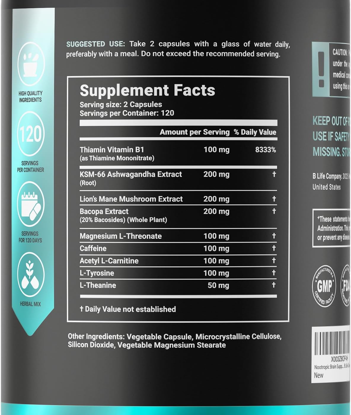 Lion’s Mane Mushroom Capsules – Memory, Focus & Clarity – Nootropic Brain Supplement with Ashwagandha, Thiamin (B1), Magnesium L-Threonate – Cognitive and Brain Support for Mental Energy, 240 Caps - görsel 3