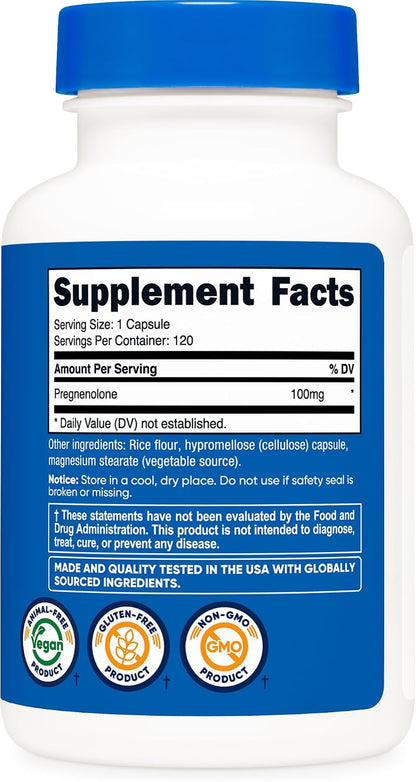 Nutricost Pregnenolone 100mg, 120 Capsules - Non-GM, Gluten-free, Vegetarian