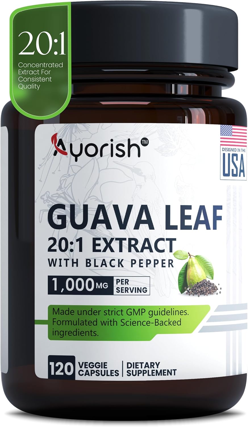 Guava Leaf Capsules 1000mg | 120 Capsules | 20:1 Extract with Black Pepper - görsel 1