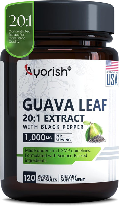 Guava Leaf Capsules 1000mg | 120 Capsules | 20:1 Extract with Black Pepper