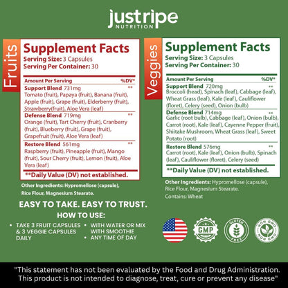 Fruits and Veggies Supplement - 90 Fruit and 90 Vegetable Capsules - Whole Food Superfood with Vitamins and Minerals - Contributes to Normal Energy Metabolism (1 Pack)