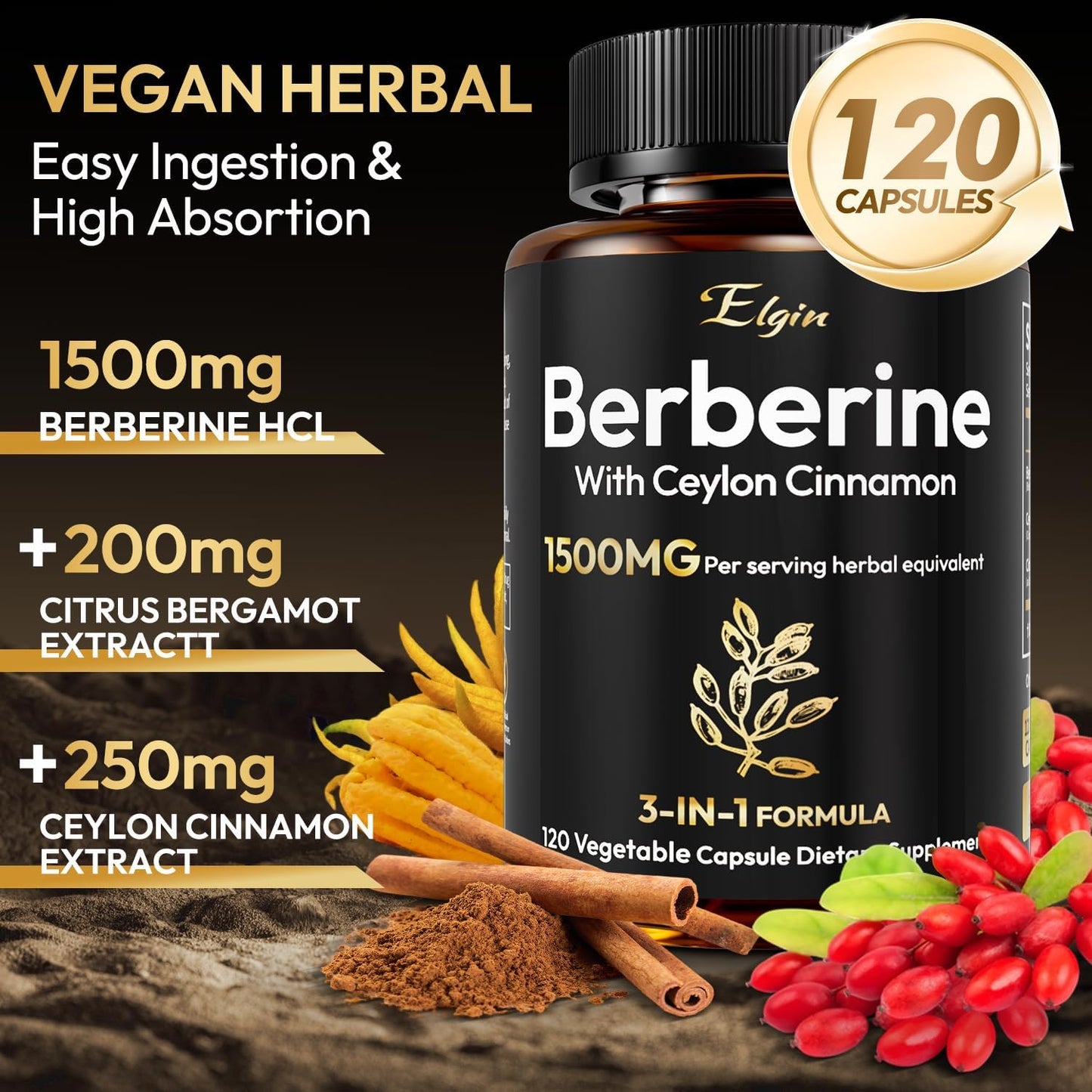 Berberine HCL 1500mg with Ceylon Cinnamon & Citrus Bergamot - Triple Action Metabolic Support, Vegan Capsules (120 Count) - görsel 3