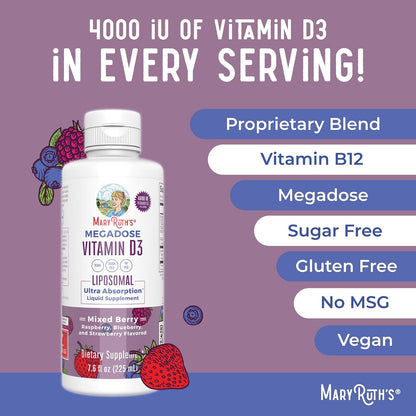MARYRUTH'S Megadose Vitamin D3 Liposomal Drops – 4000 IU, Vegan, Non-GM, 45 Servings