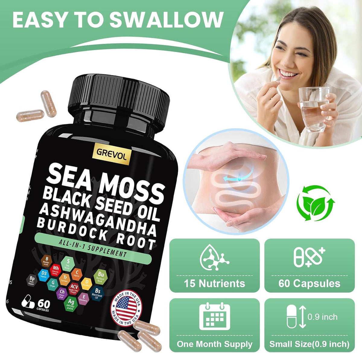 Sea Moss Black Seed Oil Ashwagandha Bladderwrack Burdock Root Turmeric & Vitamin C D3 Elderberry ACV Black Pepper - Multimineral Supplement - 60 Capsules - görsel 6