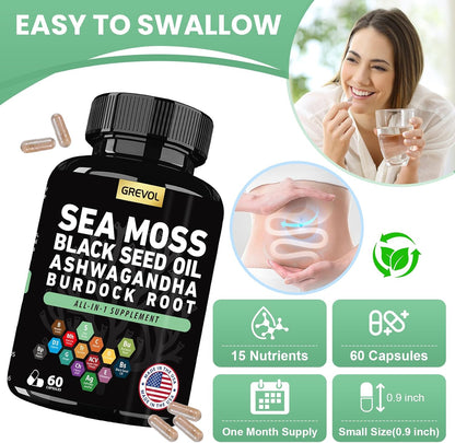 Sea Moss Black Seed Oil Ashwagandha Bladderwrack Burdock Root Turmeric & Vitamin C D3 Elderberry ACV Black Pepper - Multimineral Supplement - 60 Capsules