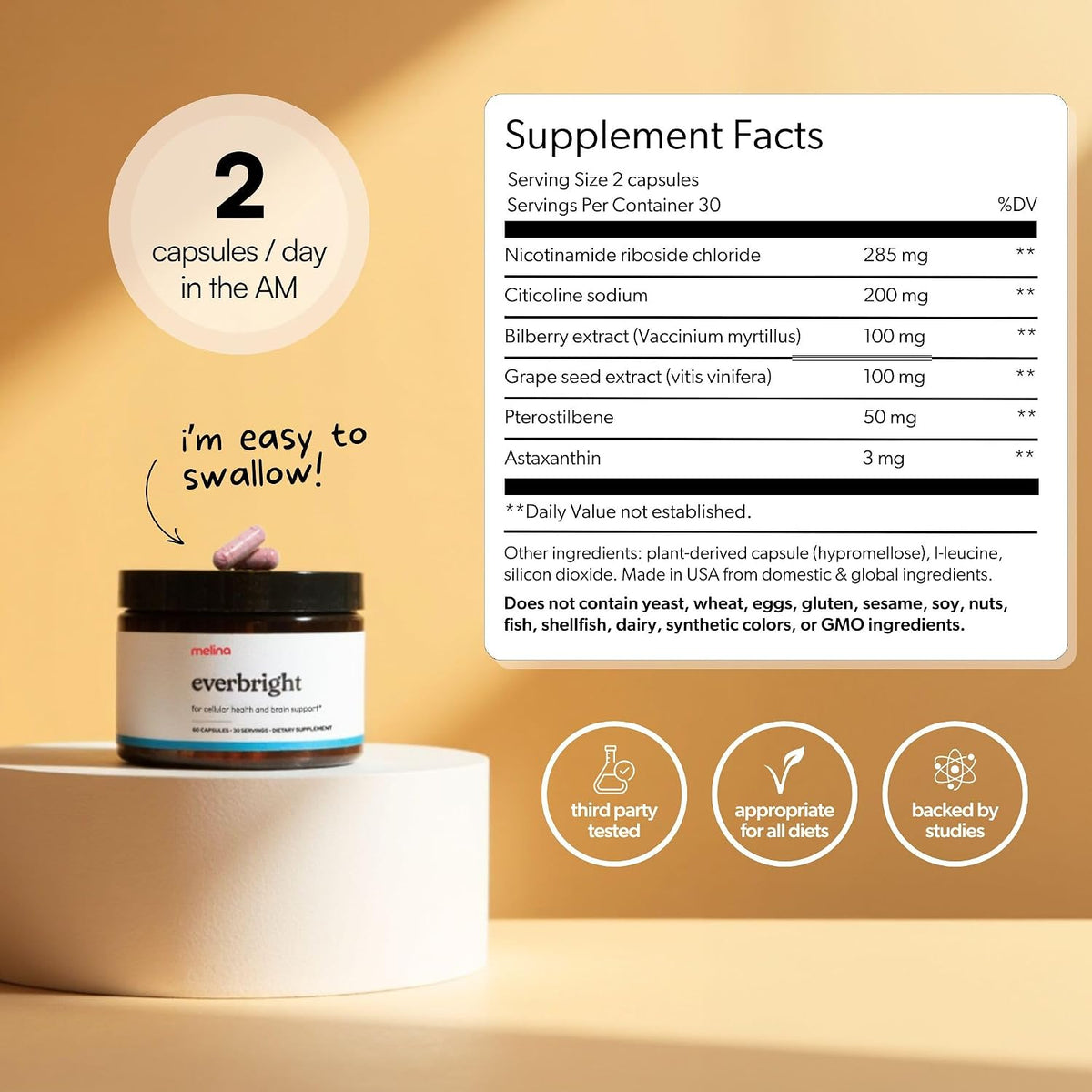 Melina Everbright NAD+ Supplement for Women Over 40 – Nicotinamide Riboside NR, Citicoline, Pterostilbene & Astaxanthin – Supports Cellular Energy, Focus & Healthy Ageing – Independently Tested, 30 Servings - görsel 7