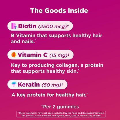 OLLY Hair, Skin and Nails Gummies - Biotin 2500mcg, Keratin & Vitamin C - Grapefruit Flavour - 60 Count