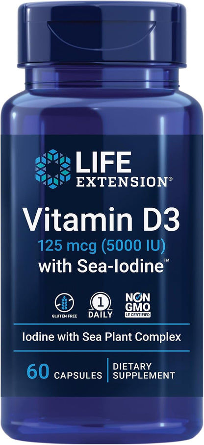 Life Extension Vitamin D3 with Sea-Iodine, 125 mcg (5000 IU), 60 Capsules
