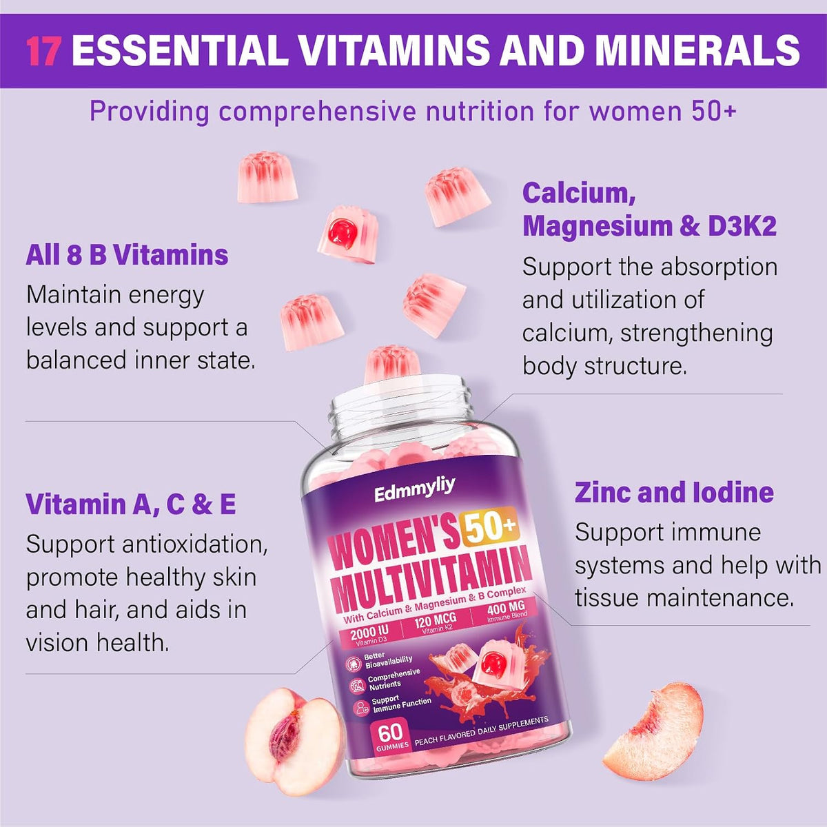 Women's Multivitamin Gummy for Age 50 and Over – Chewable Multi Vitamin with A, C, D3, E, K2 and B Complex - görsel 3