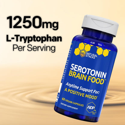 Serotonin Brain Food - 1250mg L-Tryptophan & 400mg Rhodiola Rosea Food Supplement - Mood Support with Magnesium Glycinate & Zinc - 60 Capsules