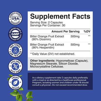 Diosmin & Hesperidin 1000 mg Complex for Adults – Bitter Orange Supplement for Vein Support