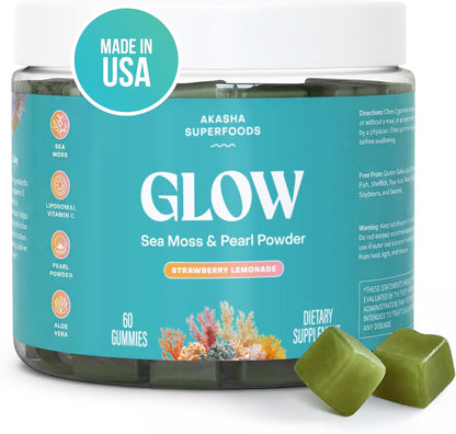 Akasha Superfoods Sea Moss Gummies with Irish Sea Moss, Pearl Powder, Vitamin E, Aloe Vera & Liposomal Vitamin C, Plant Based Strawberry Lemonade Gummies for Women and Men, 60 Count