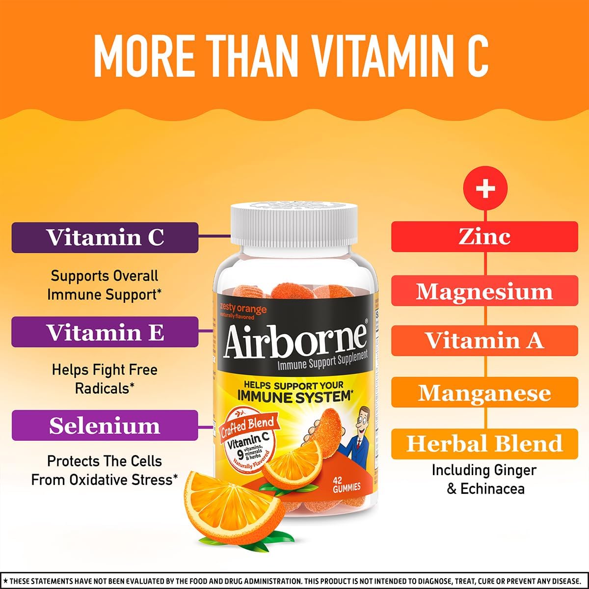 Airborne 750mg Vitamin C Immune Support Gummies, Zesty Orange Flavour, Gluten-free, 42 Gummies (3 Pack) - görsel 6