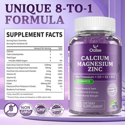 (120 Counts) Calcium Magnesium Zinc Gummies with Vitamin D3 & K2 - High Absorption Magnesium Glycinate - Sugar Free - Blueberry Flavoured