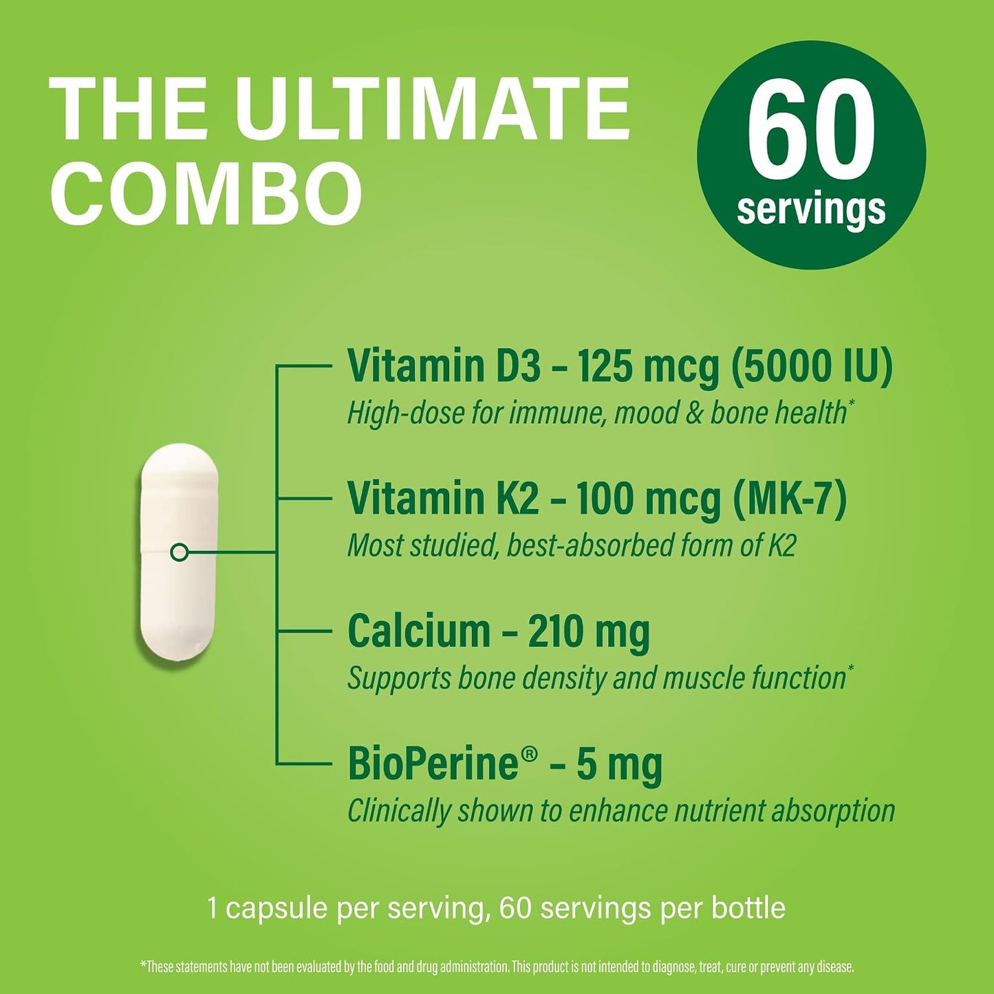 Noophoric Vitamin D3 K2 5000 IU, D3 with K2 MK7, Vitamin D3 K2 Capsules with Calcium and BioPerine, Non-GMO, Gluten-free, Soya-free, 60 Capsules - görsel 3