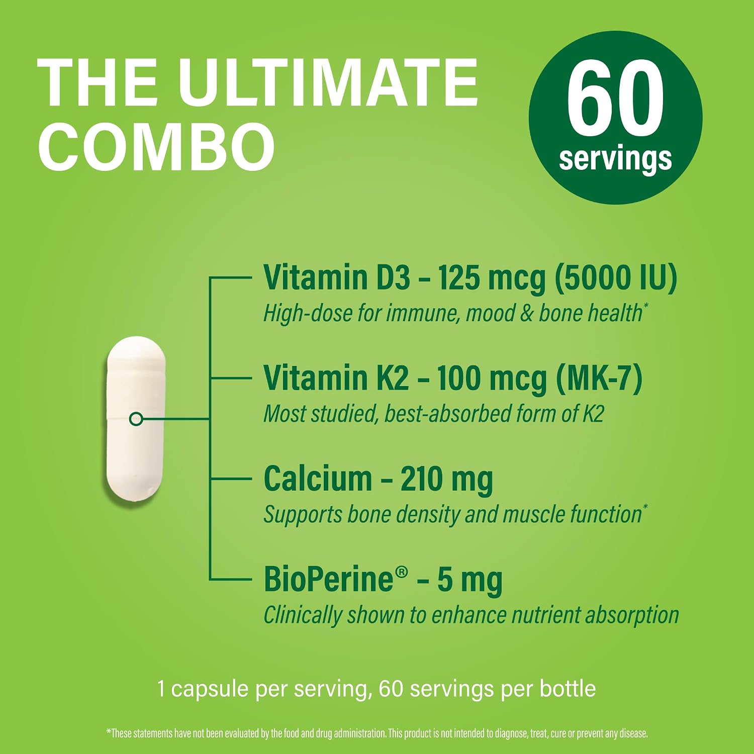 Noophoric Vitamin D3 K2 5000 IU, D3 with K2 MK7, Vitamin D3 K2 Capsules with Calcium and BioPerine, Non-GMO, Gluten-free, Soya-free, 60 Capsules - görsel 3