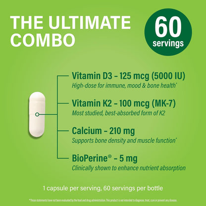 Noophoric Vitamin D3 K2 5000 IU, D3 with K2 MK7, Vitamin D3 K2 Capsules with Calcium and BioPerine, Non-GMO, Gluten-free, Soya-free, 60 Capsules