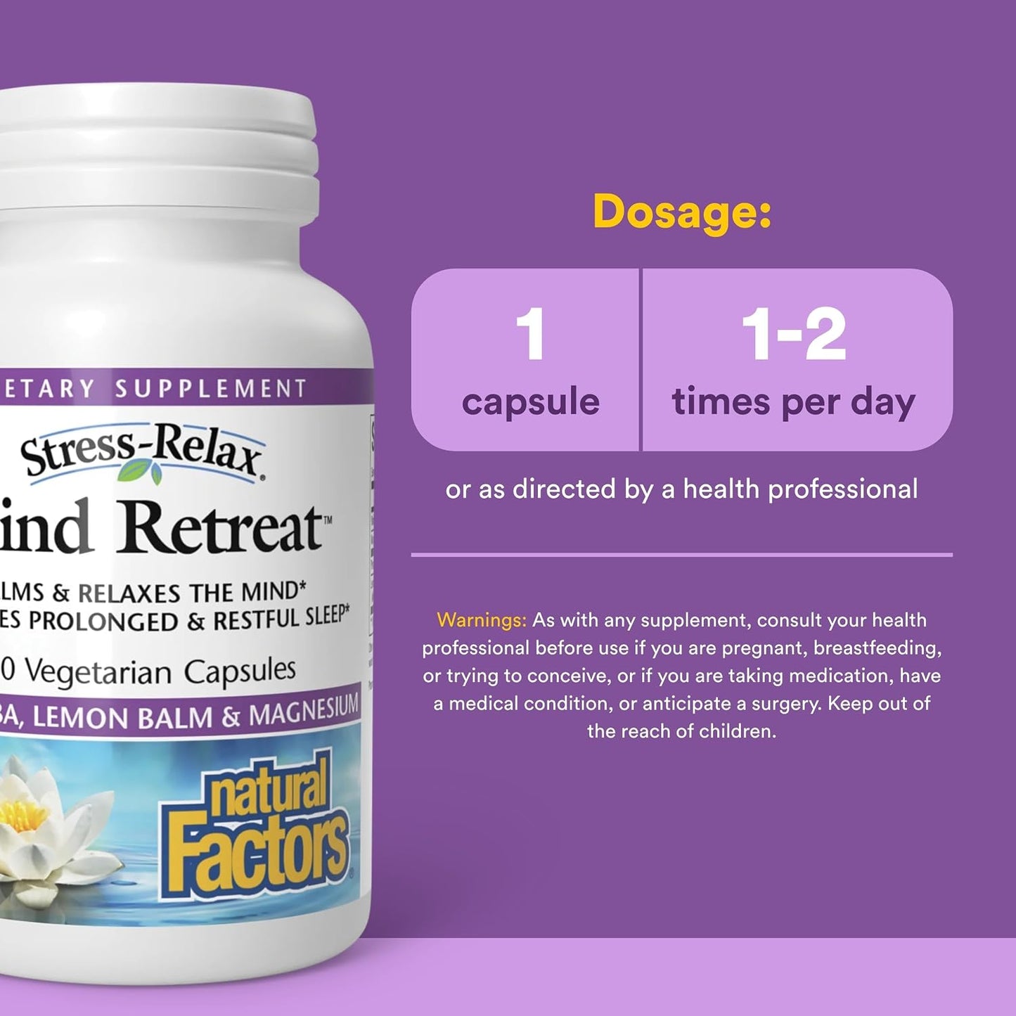 Natural Factors Mind Retreat - Supplement for Relaxation - PharmaGABA with Magnesium Glycinate, Lemon Balm Extract & Vitamin B6 - Non-GM - 60 Vegetarian Capsules (60 Servings) - görsel 3