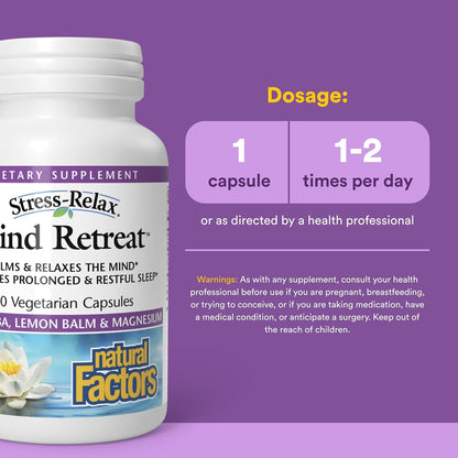 Natural Factors Mind Retreat - Supplement for Relaxation - PharmaGABA with Magnesium Glycinate, Lemon Balm Extract & Vitamin B6 - Non-GM - 60 Vegetarian Capsules (60 Servings)