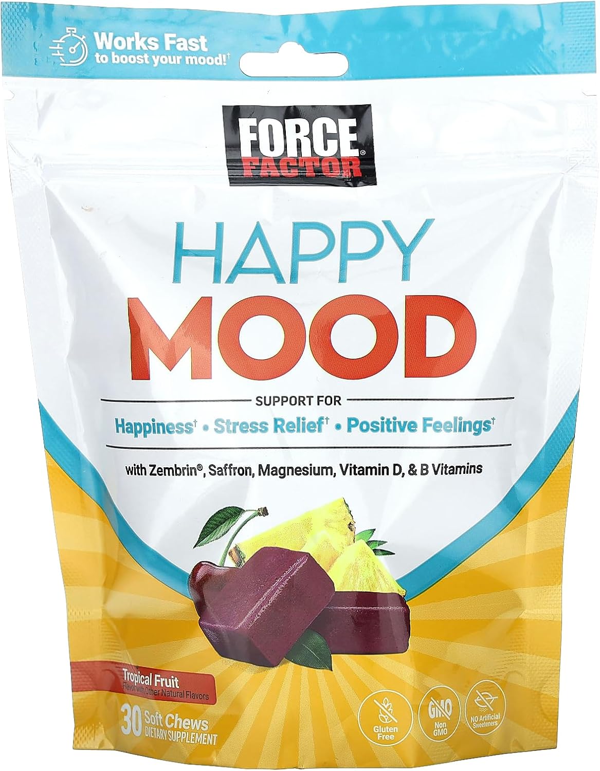 Force Factor Happy Mood Soft Chews - Mood Support Supplement with Magnesium, Saffron & Zembrin, Tropical Flavour, 30 Chews - görsel 4
