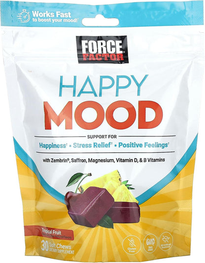 Force Factor Happy Mood Soft Chews - Mood Support Supplement with Magnesium, Saffron & Zembrin, Tropical Flavour, 30 Chews
