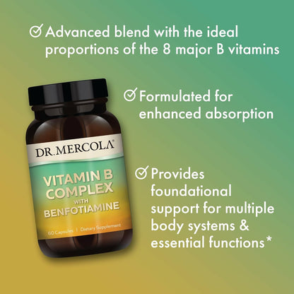 Dr. Mercola Vitamin B Complex with Benfotiamine – Supports Cellular, Brain & Immune Function – Non-GMO, Gluten-Free & Soya-Free – 60 Capsules