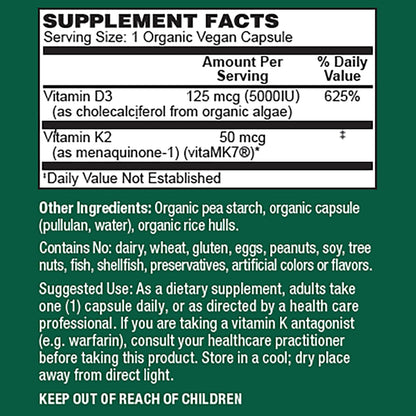 PlantFusion Organic Vegan Vitamin D3 + K2 5,000 IU, 50MCG - 60 Capsules