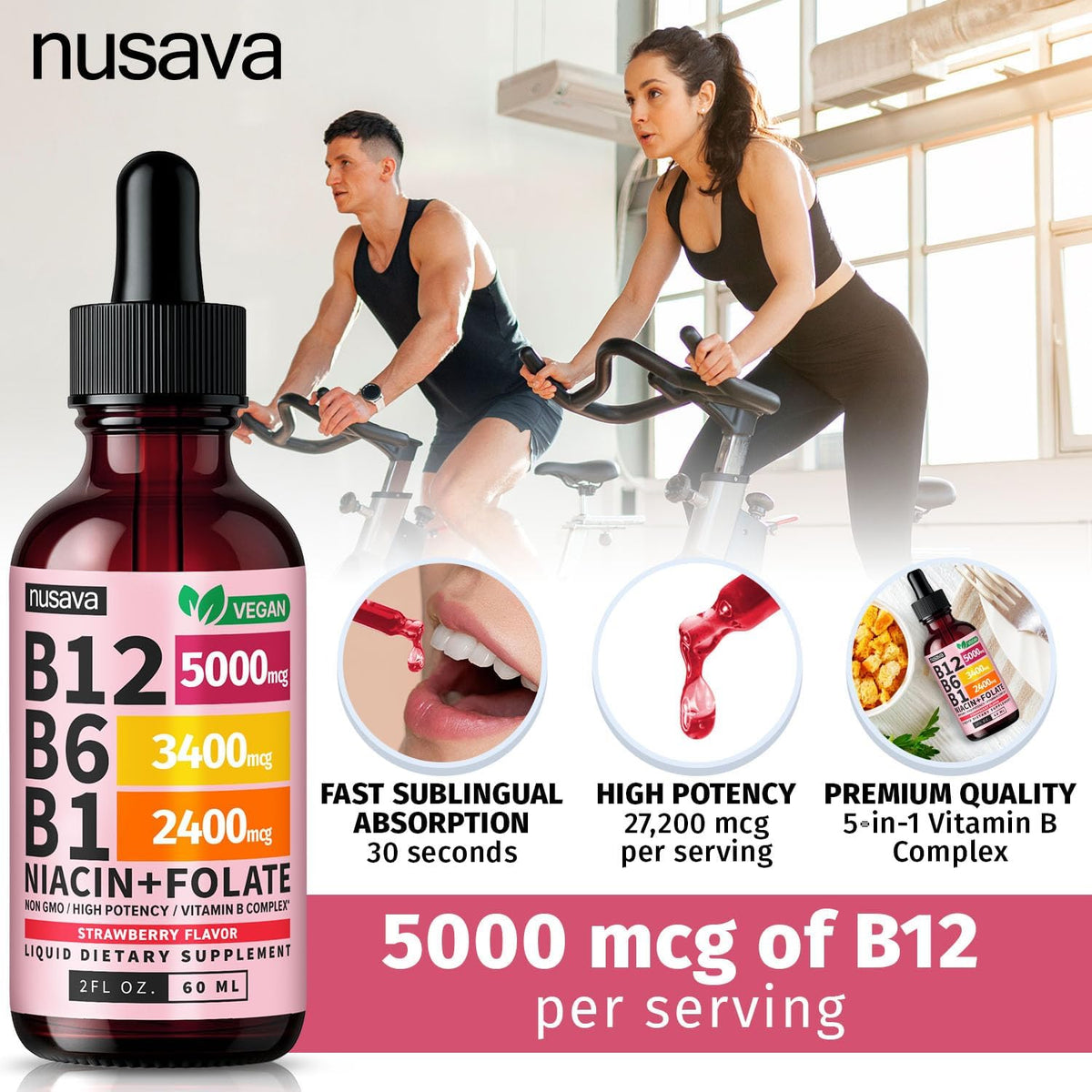 NUSAVA Vitamin B12 Liquid Drops 5000mcg - Sublingual B12 Complex with B6 & B1 - Methylcobalamin - Vegan, Non-GMO, Strawberry (4-Pack, 60 ml Each) - görsel 8