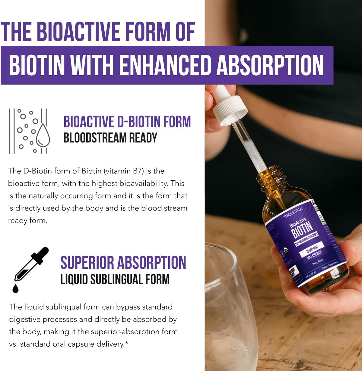 Liquid Biotin 10,000 mcg Drops for Women – Organic USP Grade – High-Absorption D-Biotin – Supports Healthy Hair, Skin & Nails – Natural Berry Flavour – 180 Servings - görsel 5