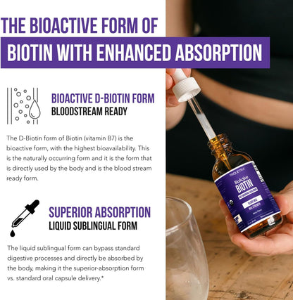 Liquid Biotin 10,000 mcg Drops for Women – Organic USP Grade – High-Absorption D-Biotin – Supports Healthy Hair, Skin & Nails – Natural Berry Flavour – 180 Servings