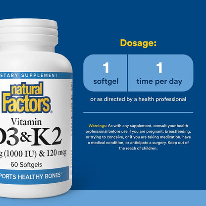 Natural Factors Vitamin D3 & K2 1000 IU/120 mcg - 60 Soft Gel Capsules