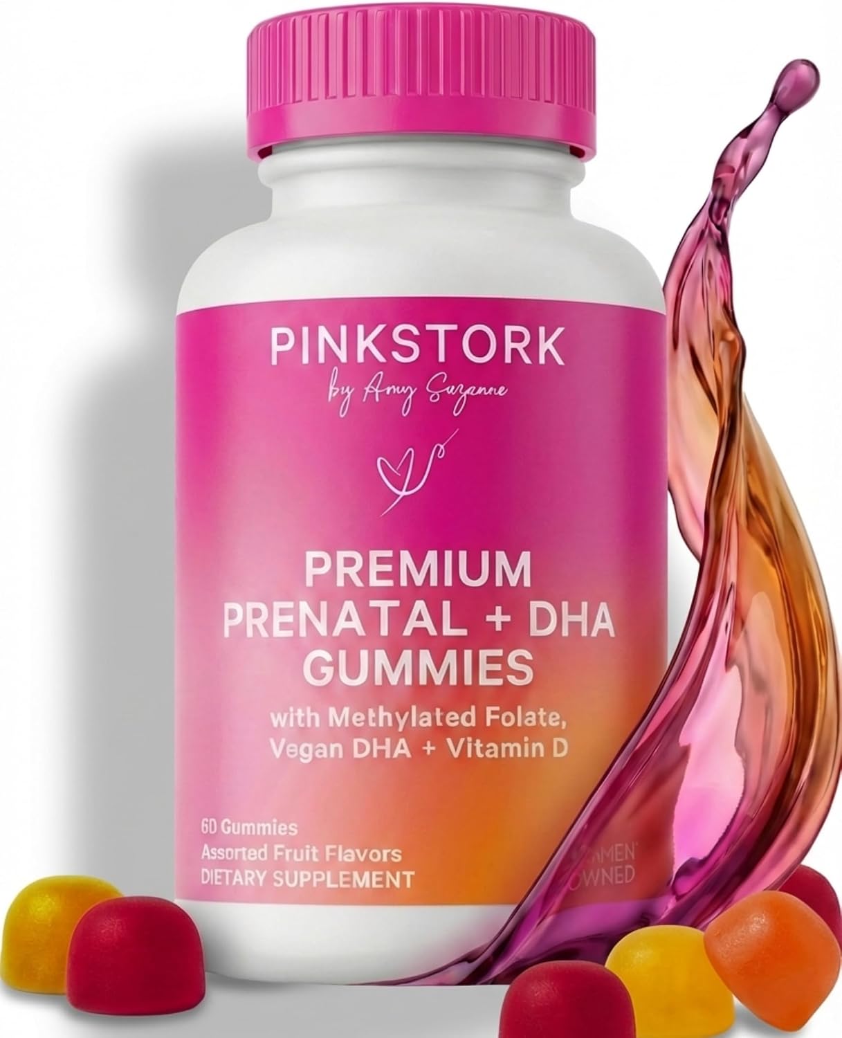 Pink Stork Premium Prenatal Gummy Vitamins - Vegan Algae DHA, Methylated Folate, MTHFR-Friendly - 60 Gummies (30-Day Supply) - görsel 1
