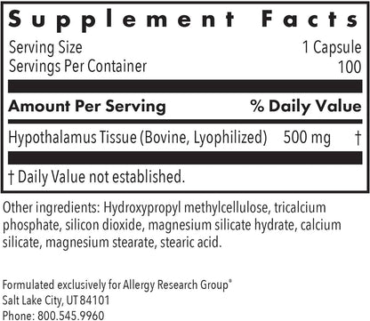 ARG Hypothalamus - Bovine Glandular Supplement - 500 mg Lyophilised Hypothalamus Tissue - 100 Vegicaps