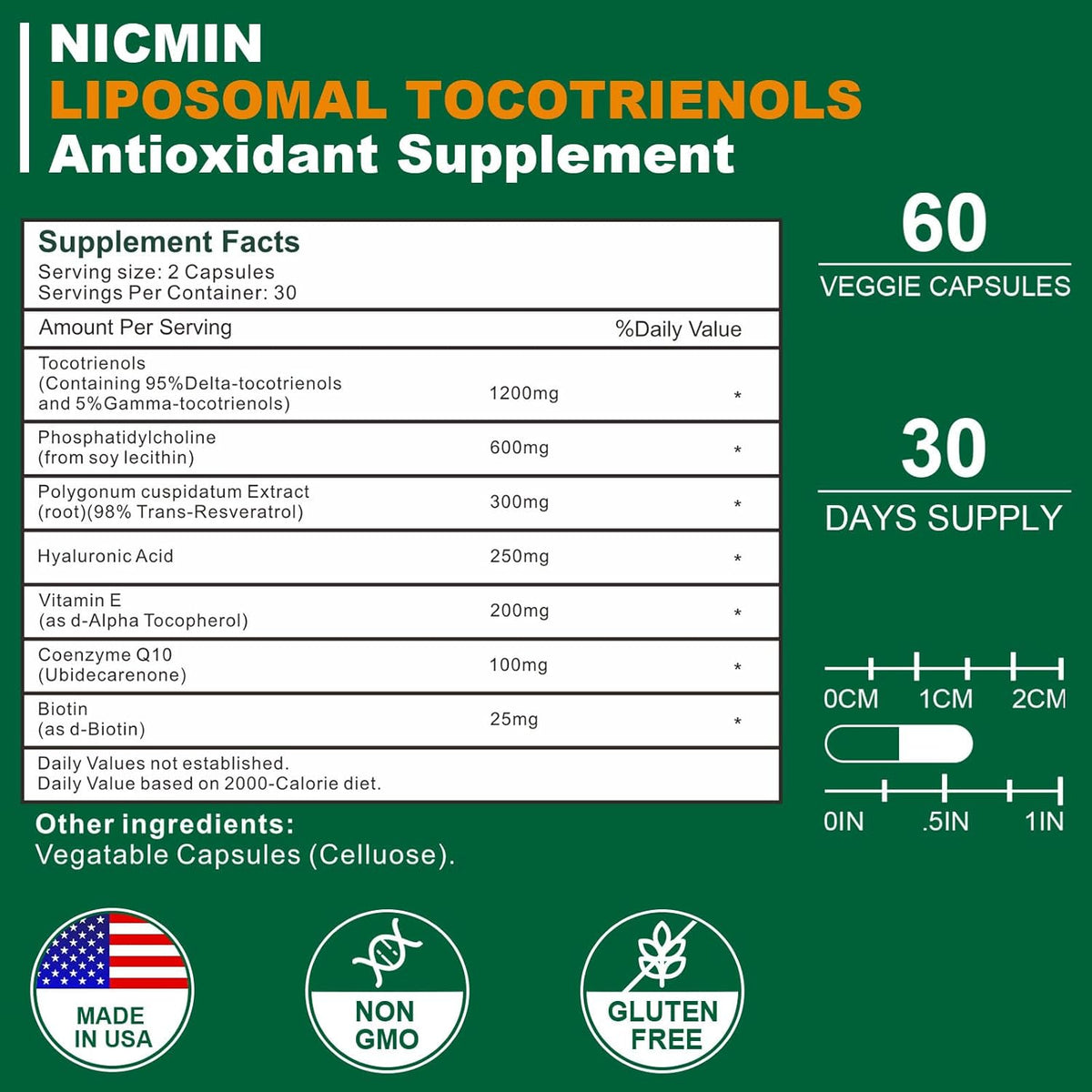 NICMIN Liposomal Vitamin E Tocotrienols 1200mg - High Absorption Formula with Phosphatidylcholine, CoQ10, and Hyaluronic Acid - 120 Capsules - görsel 2