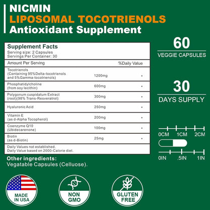 NICMIN Liposomal Vitamin E Tocotrienols 1200mg - High Absorption Formula with Phosphatidylcholine, CoQ10, and Hyaluronic Acid - 120 Capsules