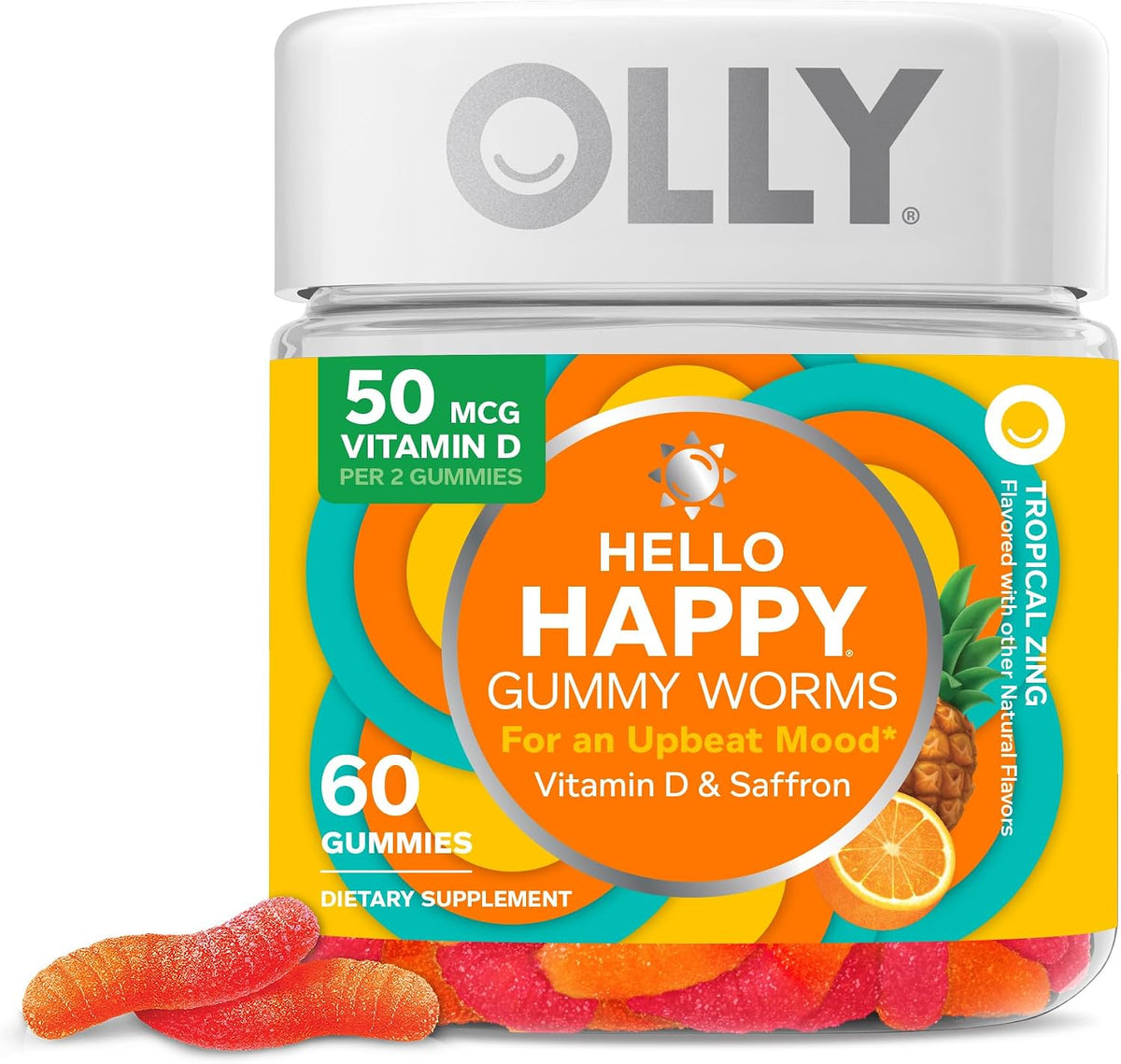 OLLY Hello Happy Gummy Worms, Mood Support Gummies for Adults with Saffron Extract & Vitamin D, Tropical Zing, 60 Count - görsel 1