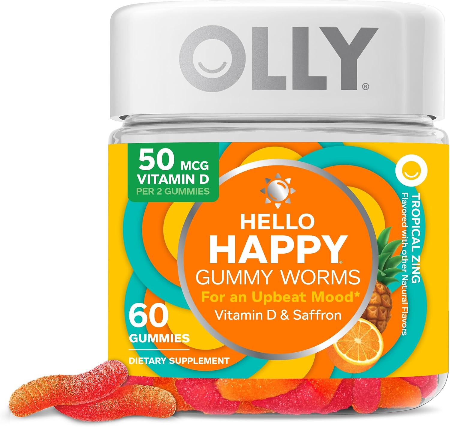 OLLY Hello Happy Gummy Worms, Mood Support Gummies for Adults with Saffron Extract & Vitamin D, Tropical Zing, 60 Count - görsel 1
