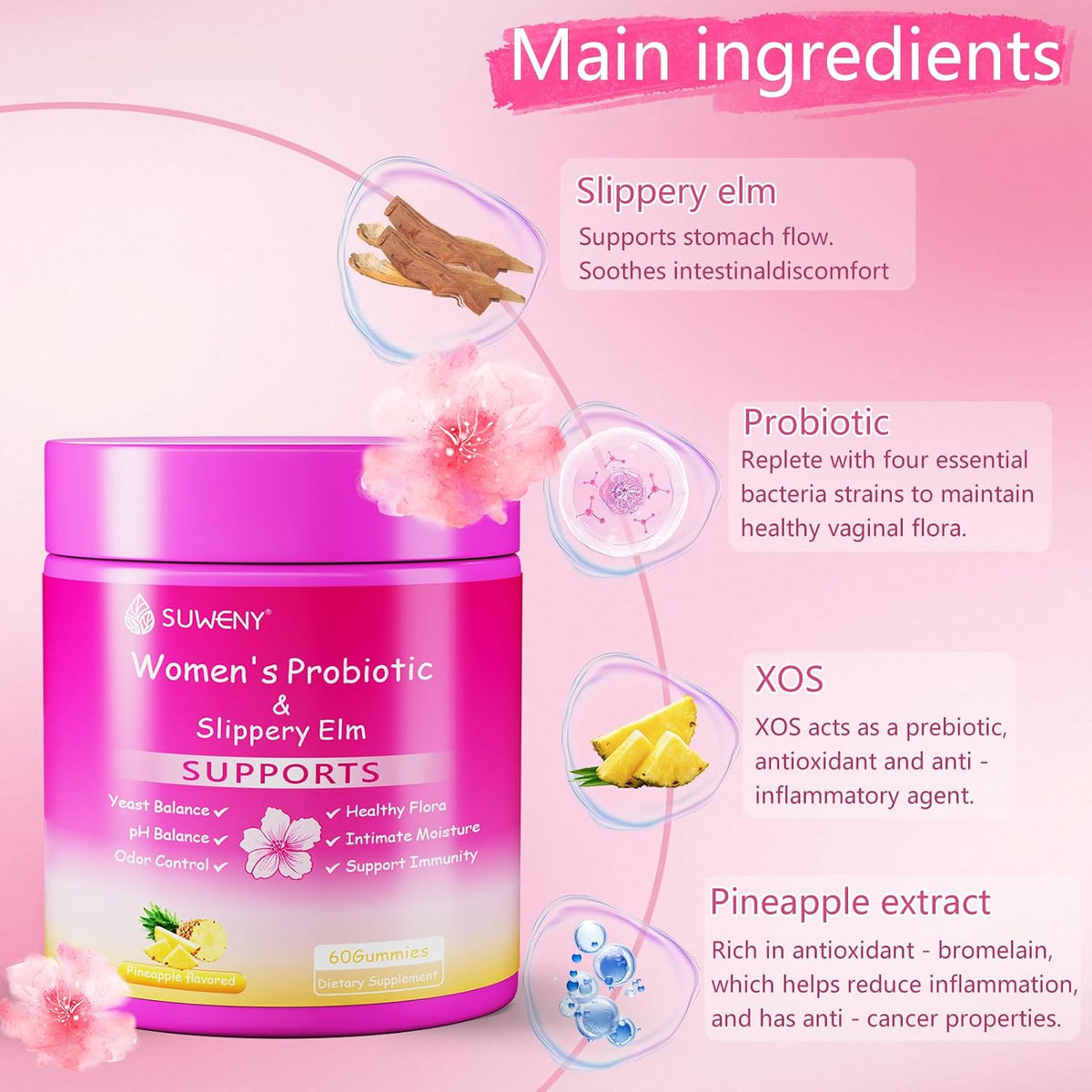 Her Juicy Feminine Probiotics Gummies, Women's Health – Designed for pH Balance, with Slippery Elm, Prebiotics & Lactobacillus Blend, Pineapple Flavour – 60 Gummies (2-Pack) - görsel 3