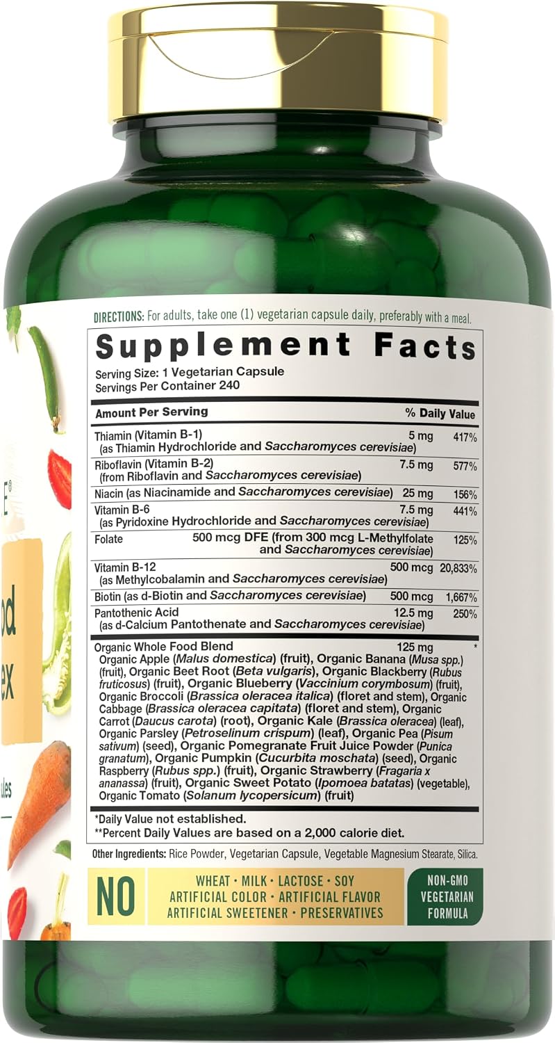 Carlyle Vitamin B Complex Whole Foods Blend | 240 Capsules | with B1, B2, B6, B12, Biotin, Niacin, and Methylfolate | Vegetarian, Non-GMO & Gluten-free Supplement - görsel 2