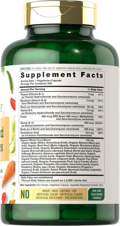 Carlyle Vitamin B Complex Whole Foods Blend | 240 Capsules | with B1, B2, B6, B12, Biotin, Niacin, and Methylfolate | Vegetarian, Non-GMO & Gluten-free Supplement