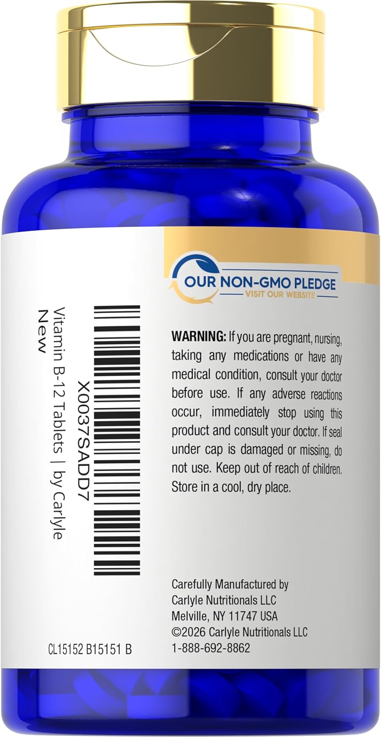 Carlyle Vitamin B12 5000 mcg Sublingual Tablets, 250 Count - High Potency, Natural Berry Flavour, Vegetarian, Non-GM & Gluten-free - görsel 3