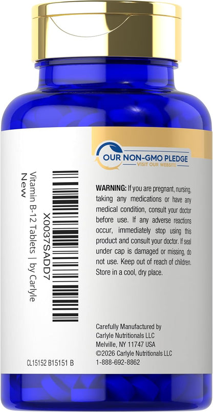 Carlyle Vitamin B12 5000 mcg Sublingual Tablets, 250 Count - High Potency, Natural Berry Flavour, Vegetarian, Non-GM & Gluten-free