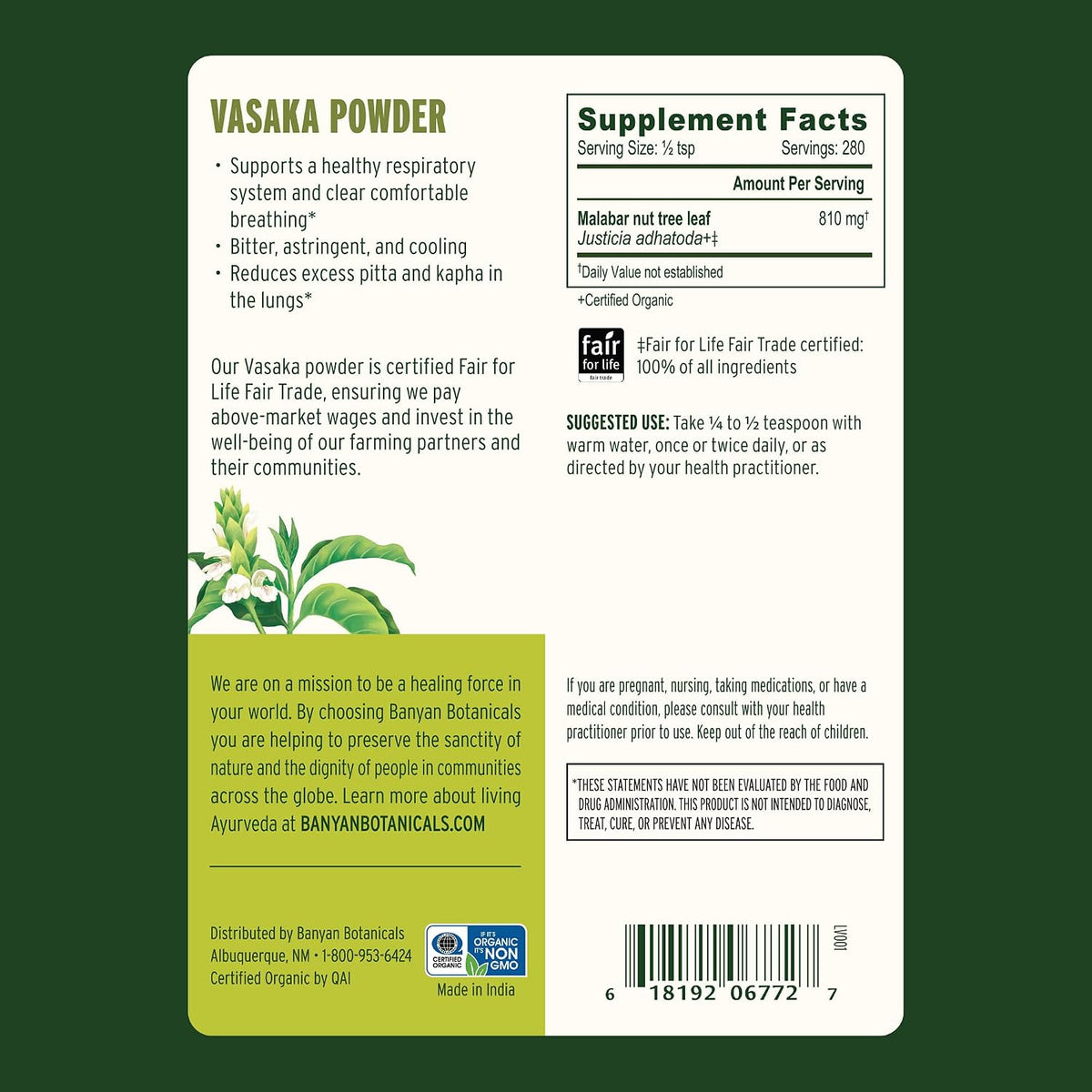 Banyan Botanicals Vasaka Powder - Certified Organic, 227g - Adhatoda vasica - görsel 2