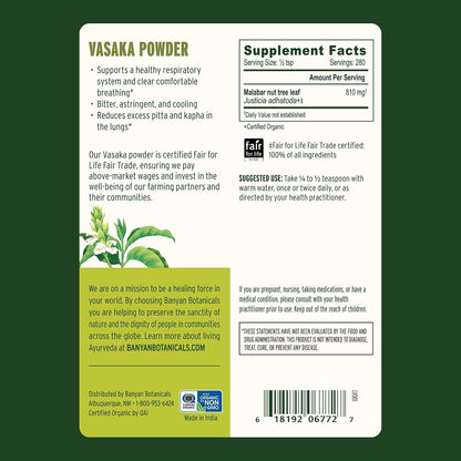 Banyan Botanicals Vasaka Powder - Certified Organic, 227g - Adhatoda vasica