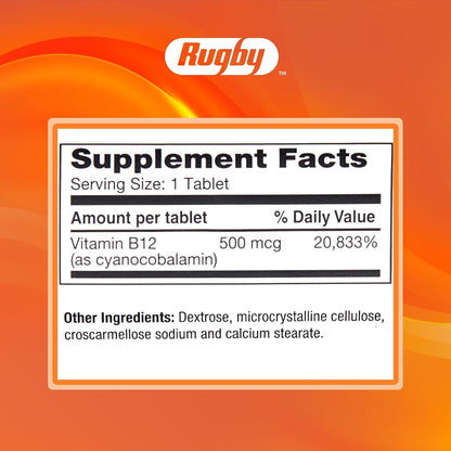 Rugby Vitamin B12 500 mcg Supplement – 100 Tablets